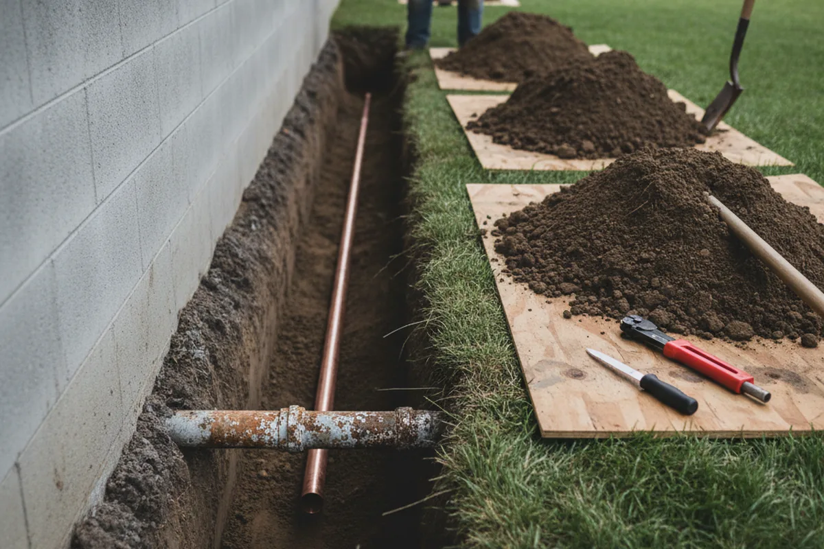 Excavated water line trench during Water Heater Repair in Chincoteague Island
